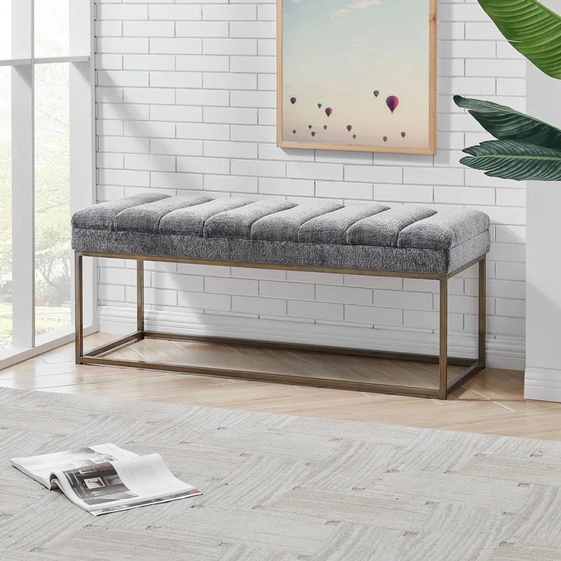 Gray Upholstered Bench with Brushed Gold Steel Base