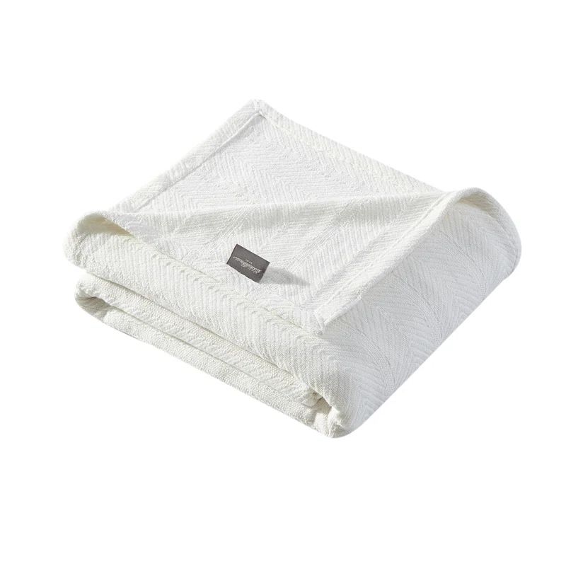 Herringbone Full/Queen Cotton Knitted Reversible Blanket - White