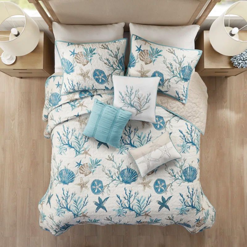 Aqua Blue Cotton Reversible Coastal Quilt Set, Full