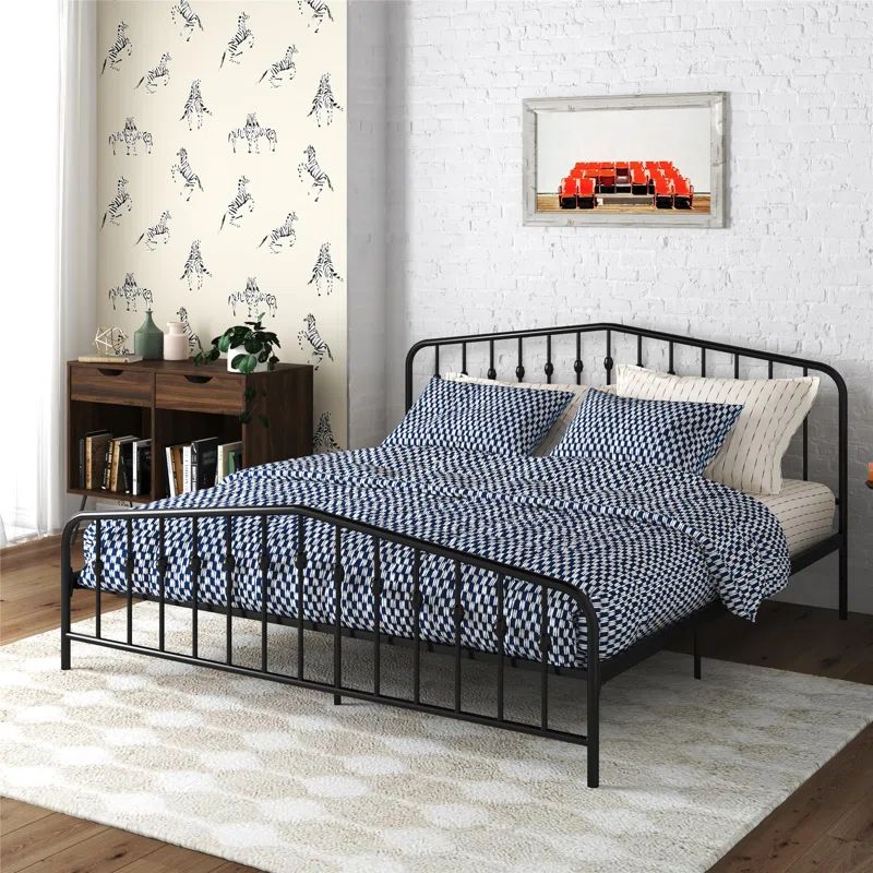 King-Sized Black Pine and Metal Upholstered Bed with Storage Drawer