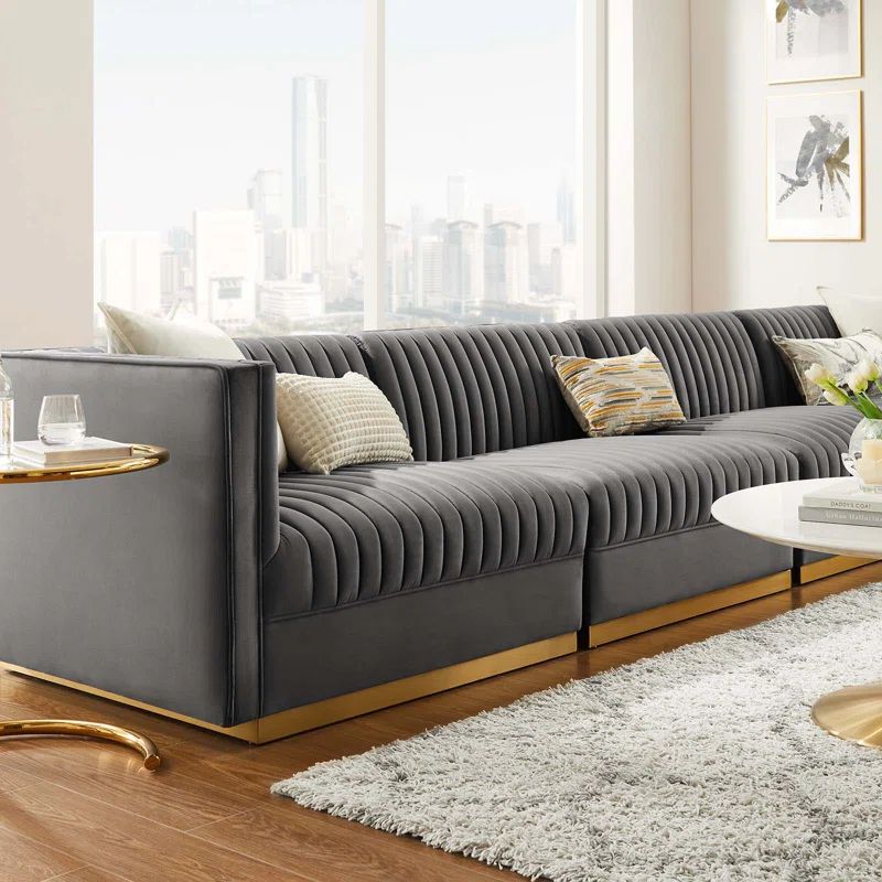 Eucalyptus Wood and Velvet 4-Seat Tufted Sectional Sofa in Gray