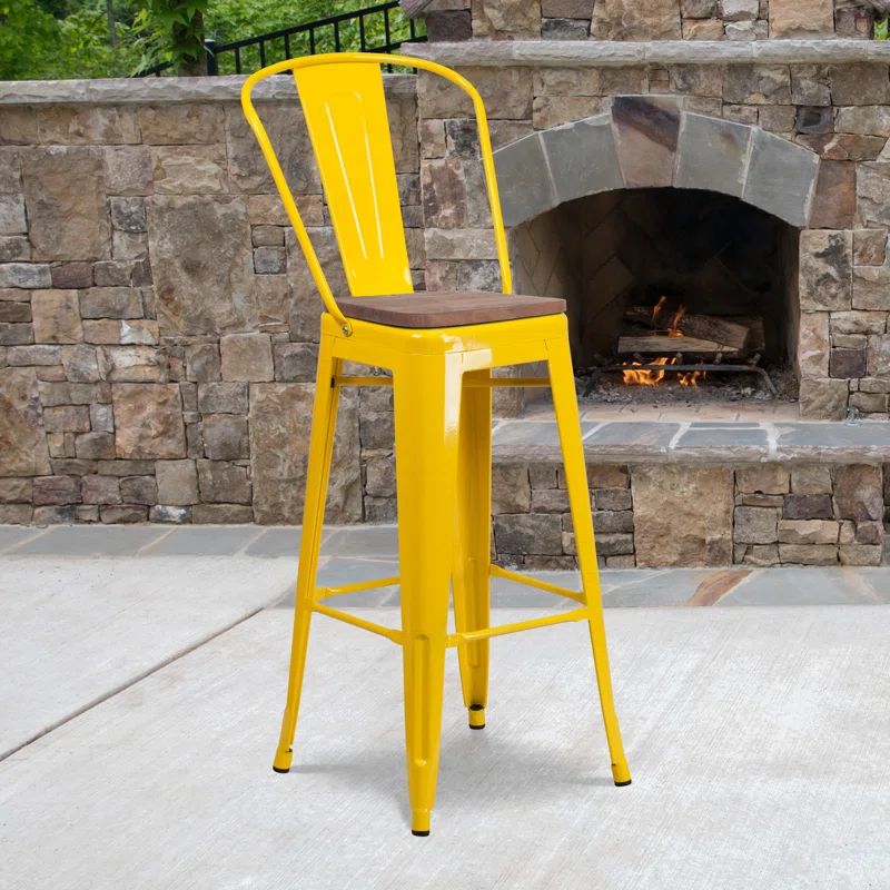 Rustic Yellow 30" Metal Barstool with Wood Seat and Slat Back
