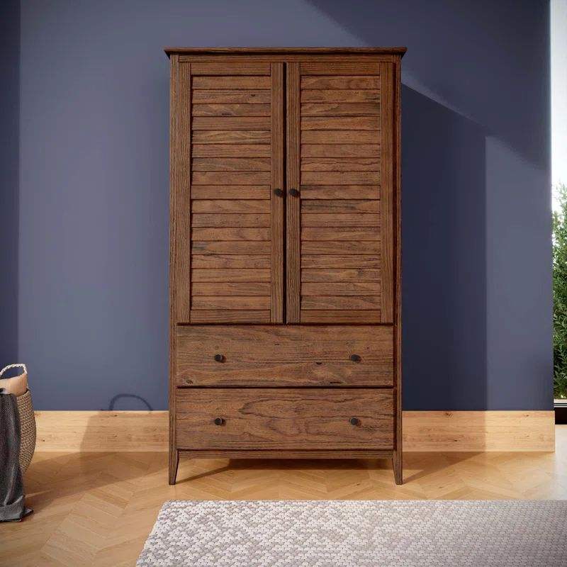 Brushed Walnut Coastal Solid Wood Armoire with Louvered Doors
