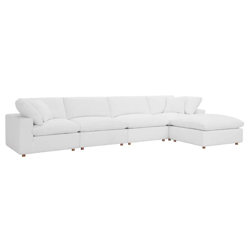 Pure White Linen Five Piece Sectional Sofa with Ottoman
