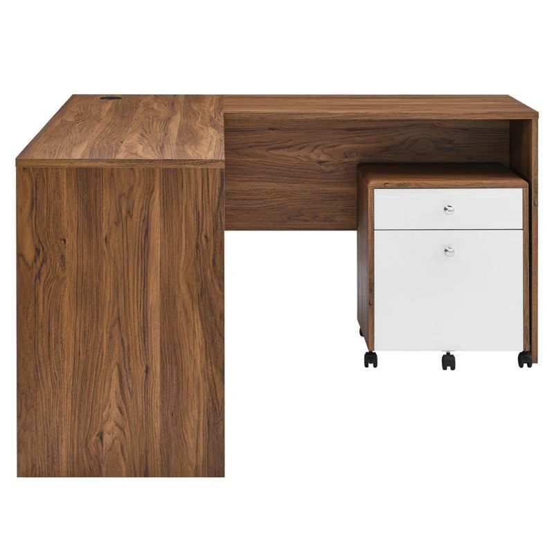 Modern L-Shaped Workstation Desk with File Cabinet, White and Walnut