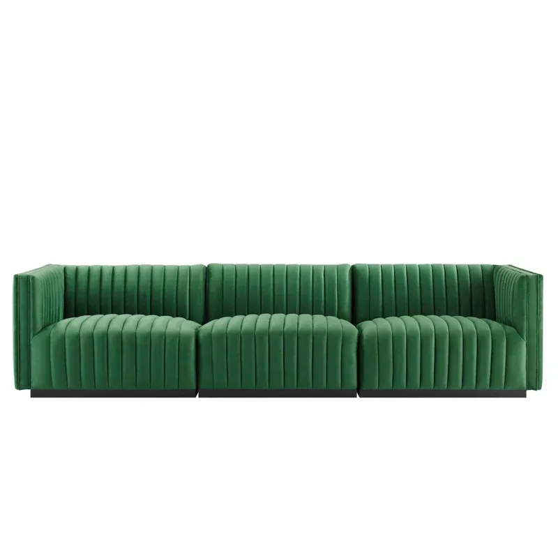 Green Velvet Channel Tufted Sofa with Black Base