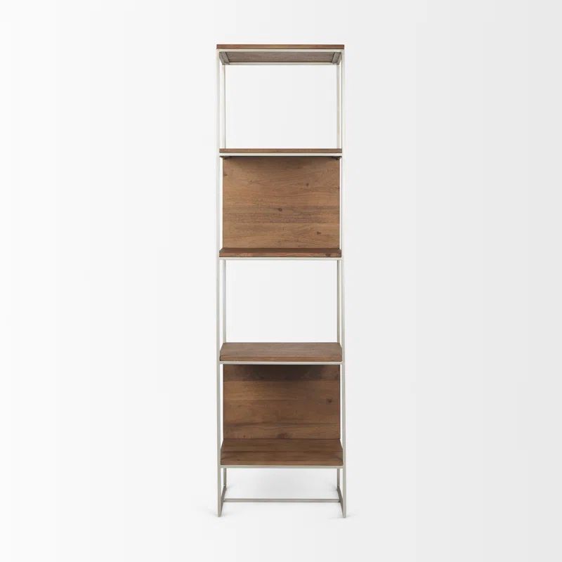 Sagan Narrow Brown Wood and Silver Metal Etagere Bookcase