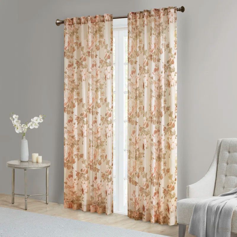 Blush Floral Sheer Curtain Panel with Rod Pocket