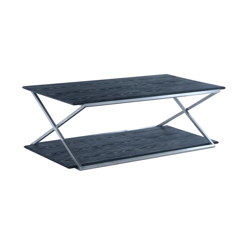 Modern Black Wood & Silver Metal Rectangular Coffee Table with Dual Shelves