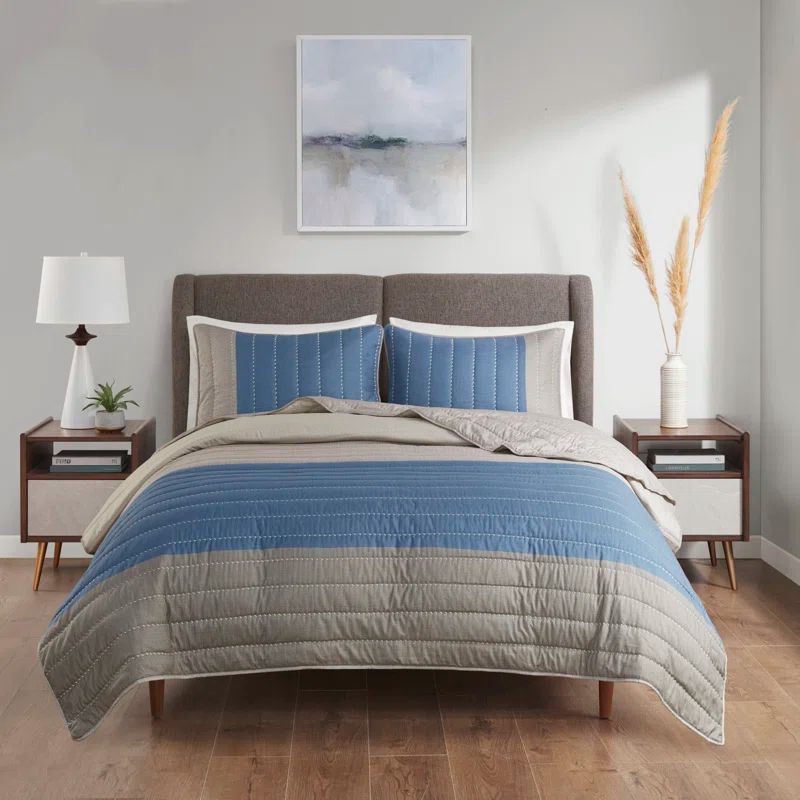 Blue and Taupe Reversible Microfiber Full Quilt Set