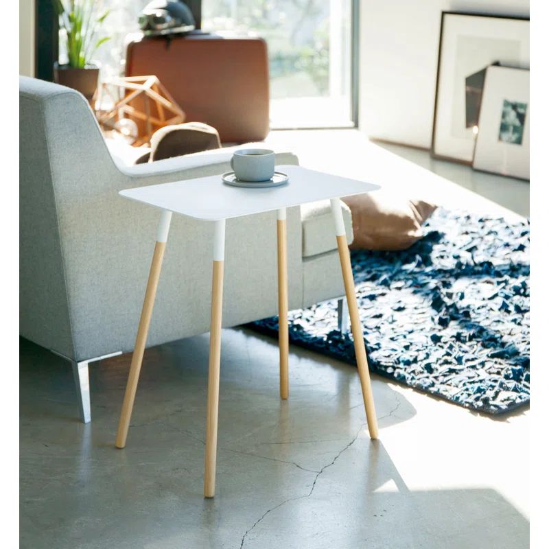 White Rectangular Steel and Wood Minimalist Side Table