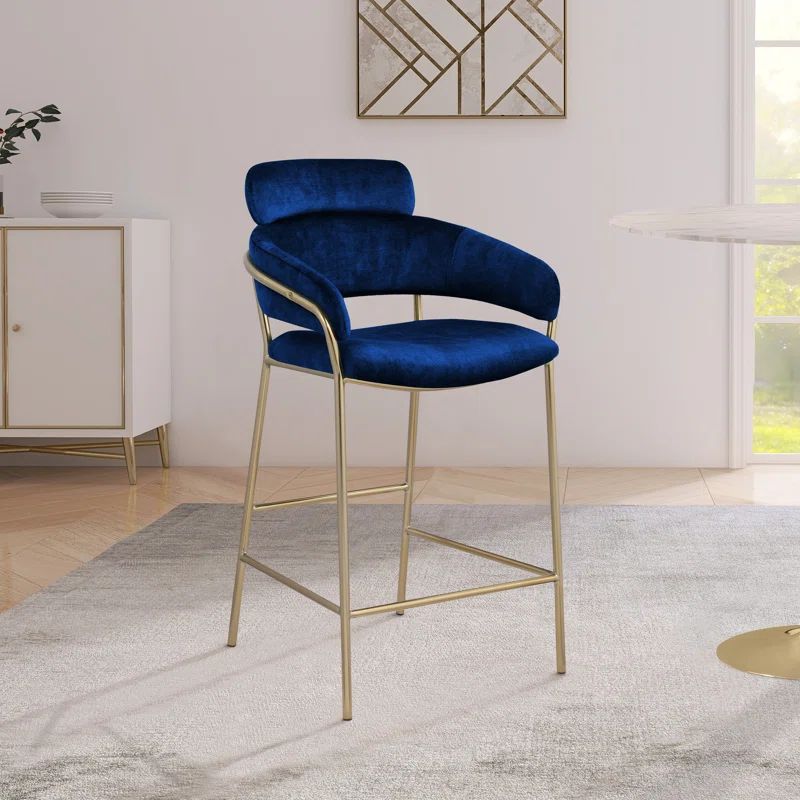 Yara Navy Velvet Counter Stool with Brushed Brass Finish