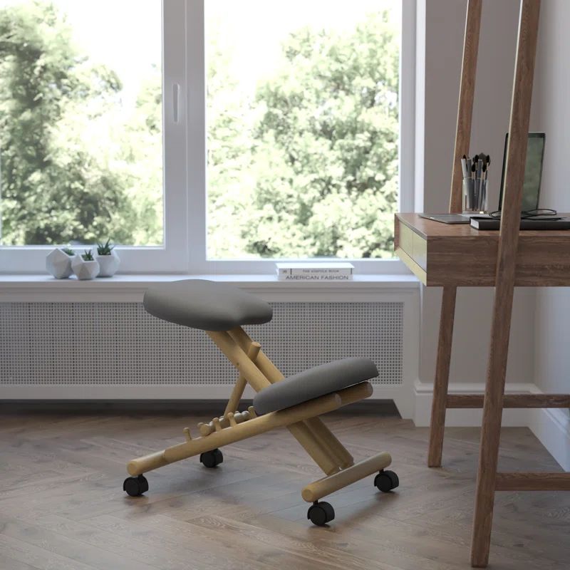 Sleek Gray Fabric Ergonomic Kneeling Chair with Wooden Frame