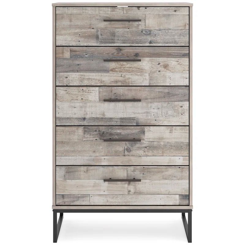 Transitional Whitewash Pine 5-Drawer Chest with Pewter-Tone Pulls