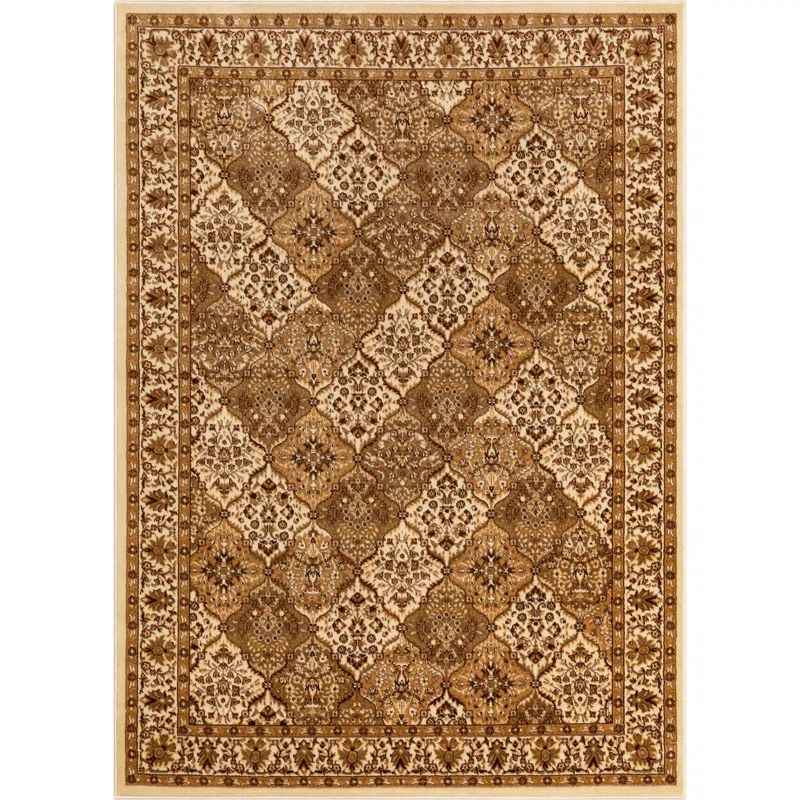 Ivory and Beige Rectangular Oriental Synthetic Area Rug