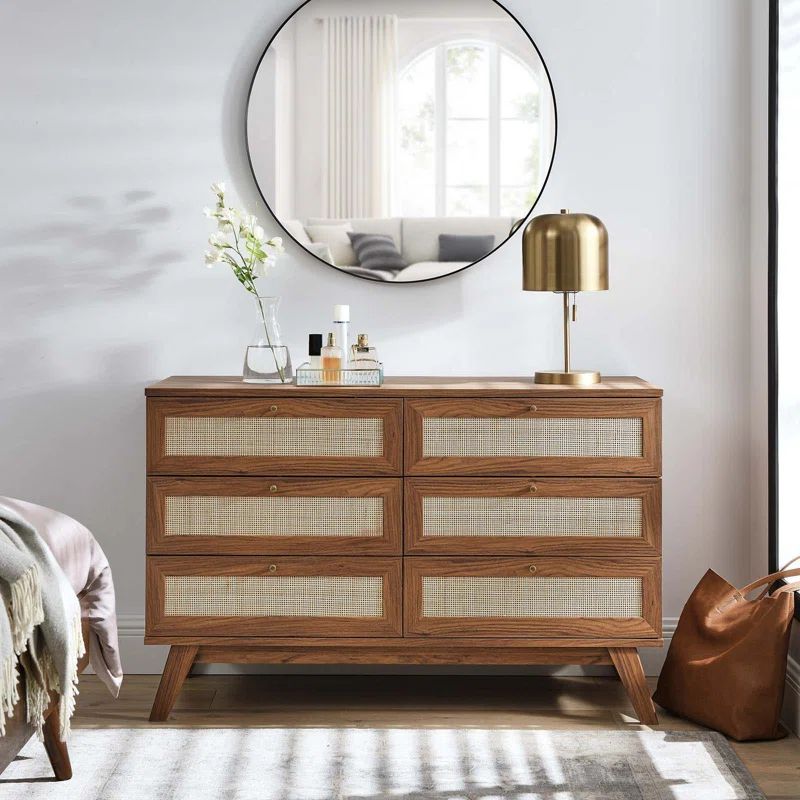 Walnut Double 6-Drawer Dresser with Rattan Weave