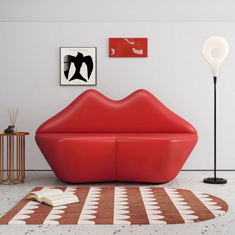 Red Faux Leather Armless Loveseat with Wood Frame