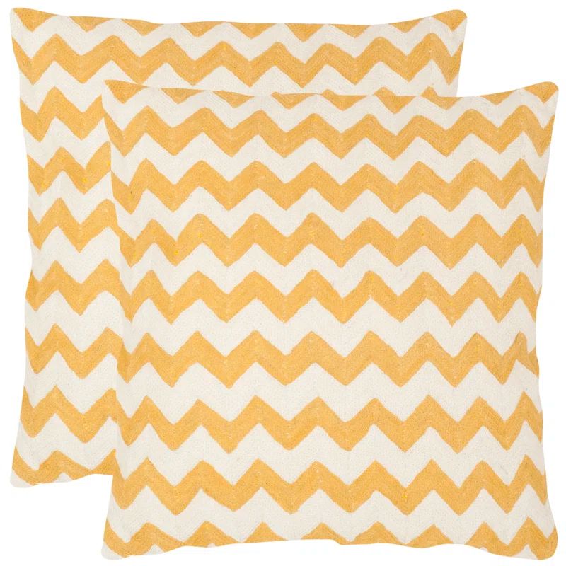 Mustard and Beige Embroidered Cotton Canvas Throw Pillows, Set of 2