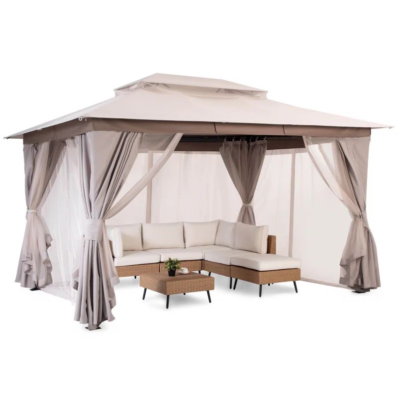 Beige Steel Patio Gazebo with Weather-Resistant Fabric