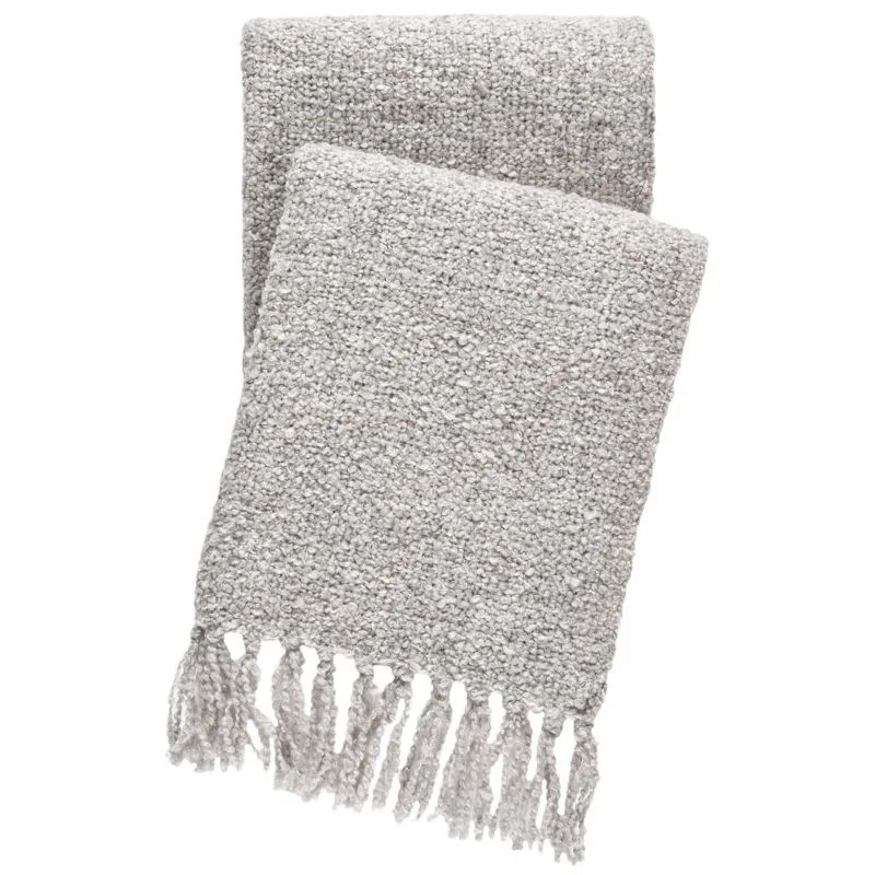 Handmade Bouclé Gray Throw with Knotted Fringe for Indoor/Outdoor Use