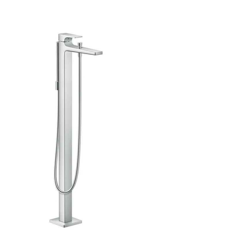 Sleek Black and Chrome Floor Mounted Tub Filler with Handshower