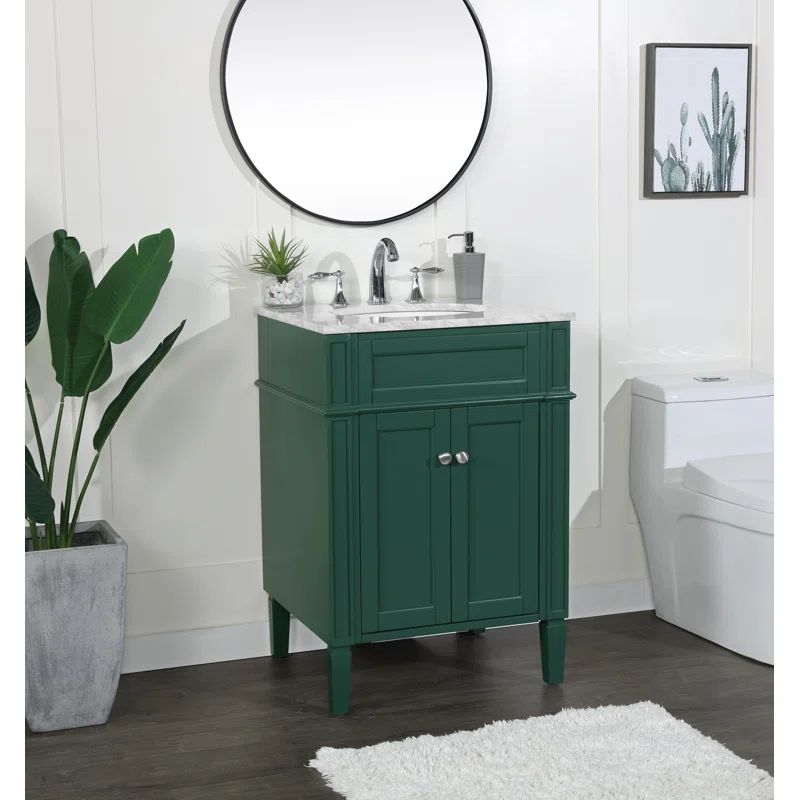 Green Solid Wood Single Bathroom Vanity with Stone Countertop