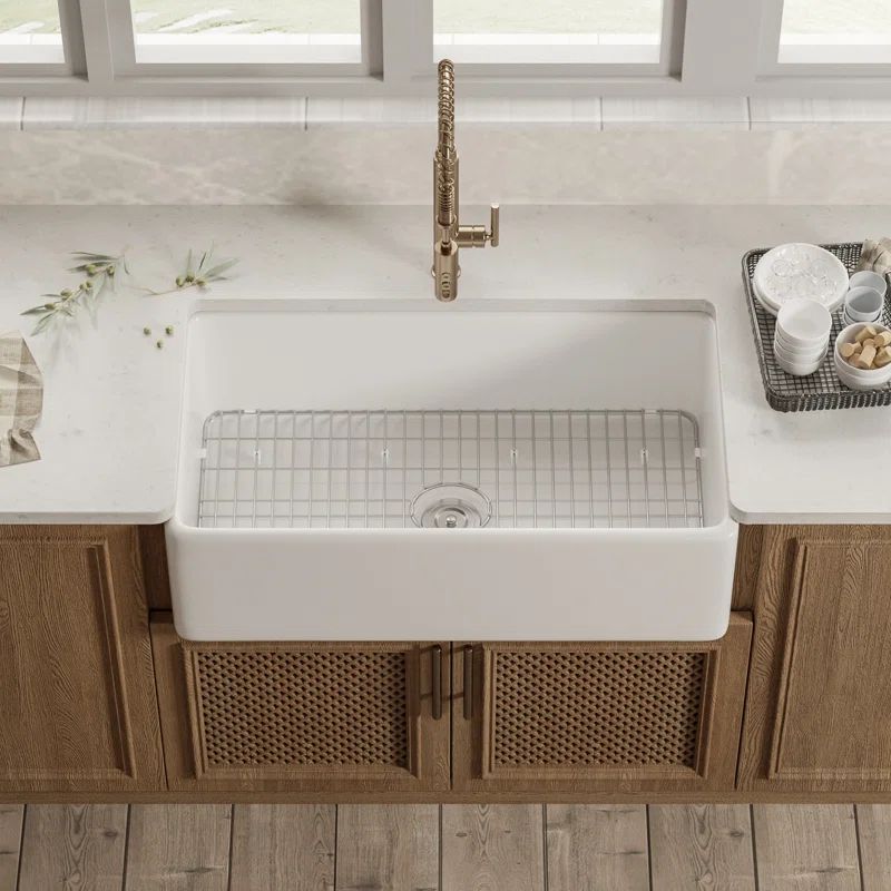 33" White Fireclay Farmhouse Drop-In Kitchen Sink