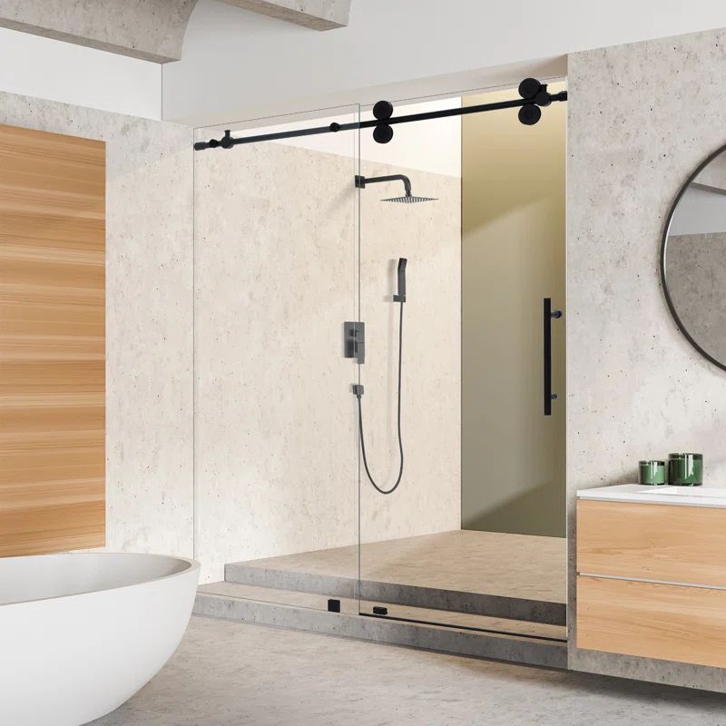 Altair Matte Black Frameless Sliding Shower Door with Clear Glass
