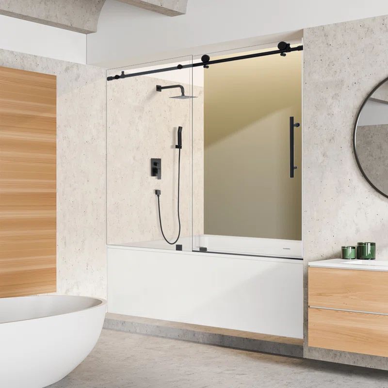 Matte Black Frameless Sliding Tub Door with Clear Glass