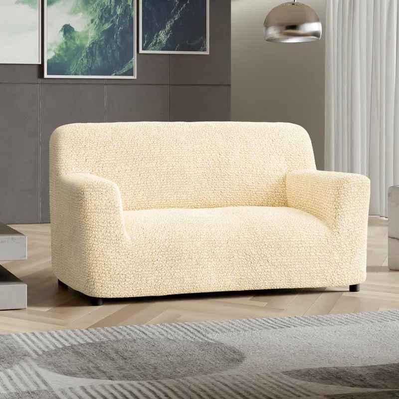 Modern Cream Stretch Loveseat Sofa Cover in Vanilla Polyester Blend