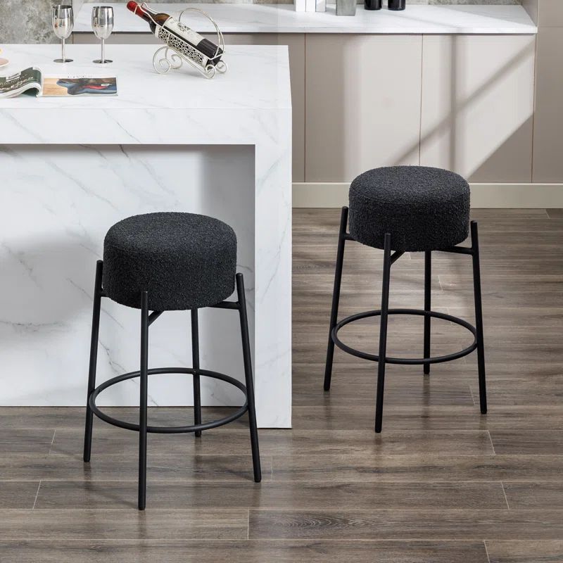 Black Boucle Upholstered Swivel Counter Stools with Metal Legs, Set of 2
