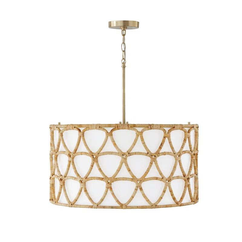 Matte Brass and Rattan 4-Light Drum Pendant