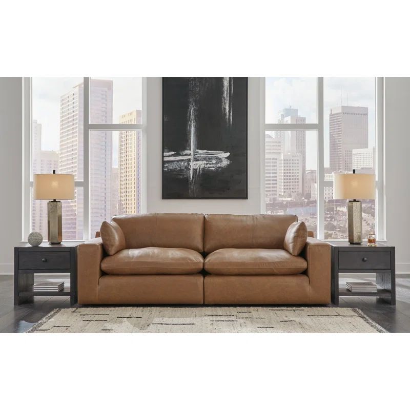 102'' Brown Leather Pillow Back Stationary Sofa