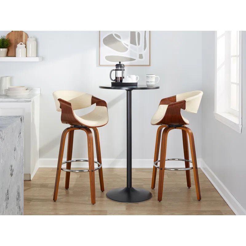 Cream Swivel Walnut and Chrome Bar Stools Set of 2