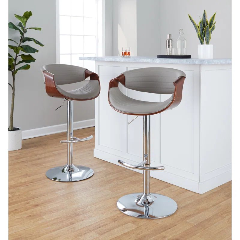 Adjustable Swivel Gray Faux Leather and Walnut Barstool Set