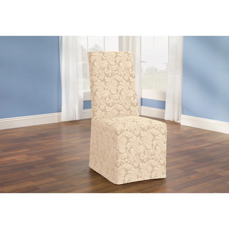 Elegant Champagne Cotton Blend Dining Chair Slipcover with Leaf Pattern