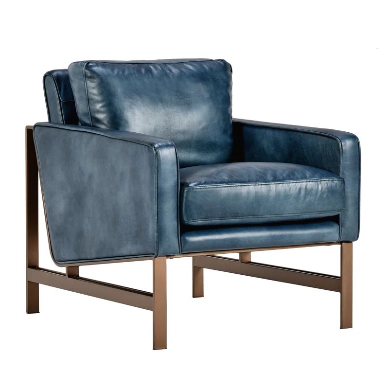 Transitional Blue Leather Club Accent Chair with Brass Metal Frame