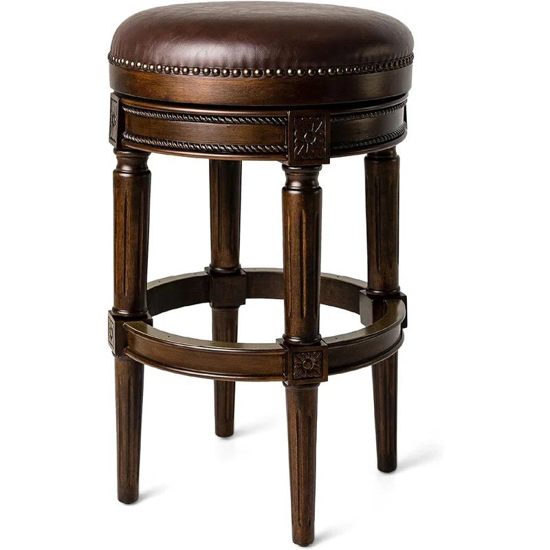 Dark Walnut Backless Swivel Bar Stool with Leather Seat