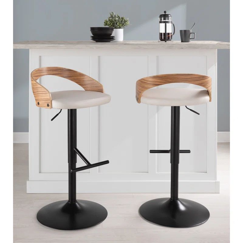 White Adjustable Swivel Bar Stool with Zebra Wood Back