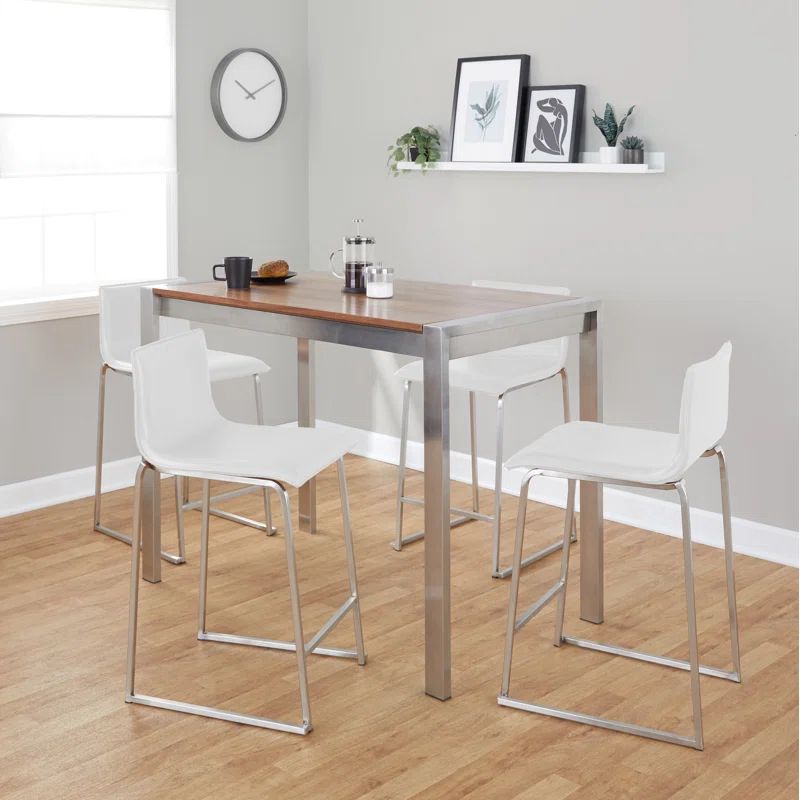 Walnut and White Faux Leather 5-Piece Pub Dining Set