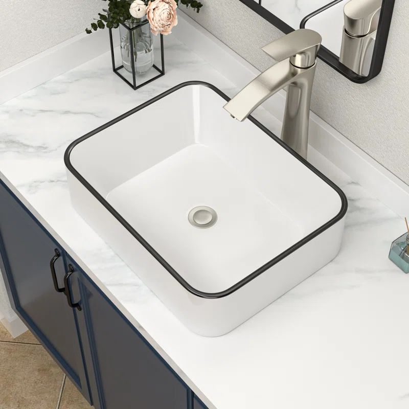 19 x 15 Inch White Ceramic Rectangular Vessel Sink with Black Rim