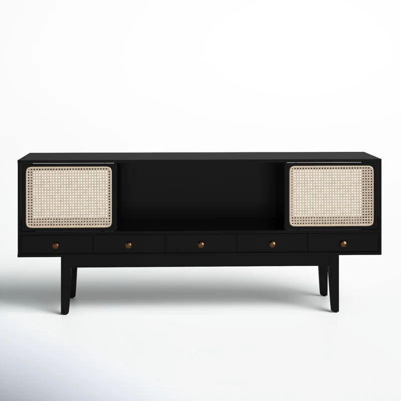 Simms 76.5'' Black Midcentury Modern Media Console with Cane Doors