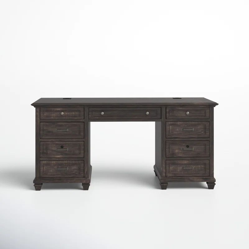 Transitional Weathered Charcoal Solid Wood Executive Desk with Power Outlet