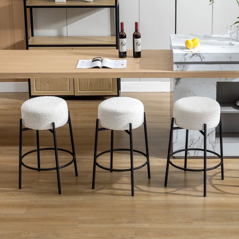 White Boucle Swivel Backless Metal Counter Stools, Set of 3