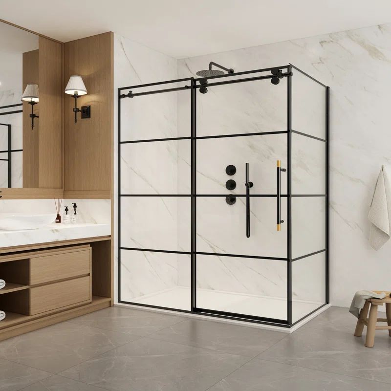 Losar 68'' Matte Black Framed Rectangle Shower Enclosure