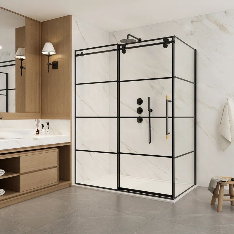Losar 60" Matte Black Sliding Shower Enclosure with Tempered Glass