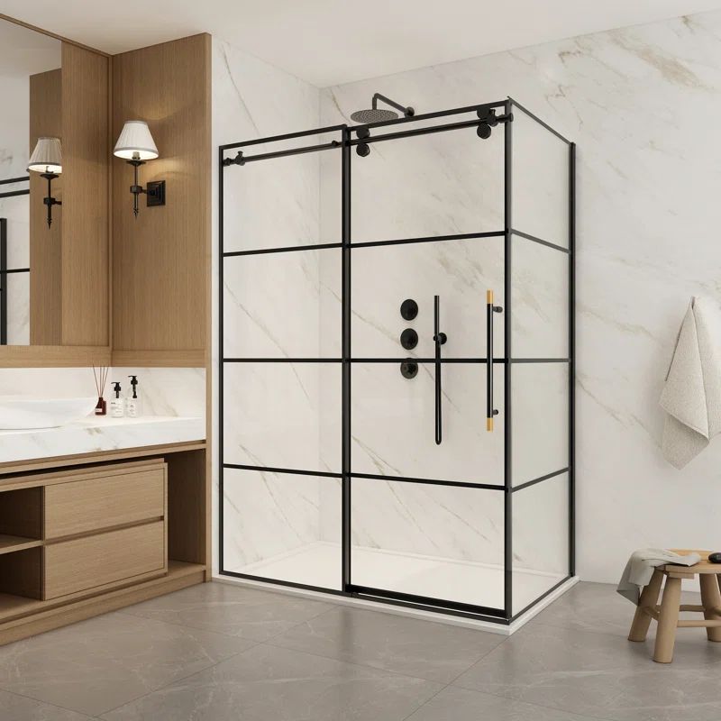 Losar 48'' Black Framed Rectangle Shower Enclosure with Sliding Door