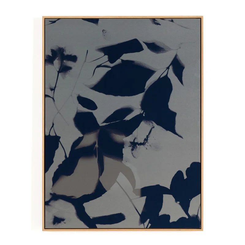 Large Blue and Gray Botanical Graphic Art with White Oak Frame