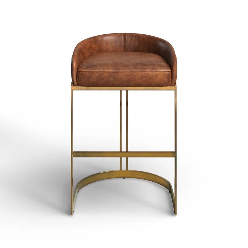 Brown Leather and Gold Metal Saddle Bar Stool