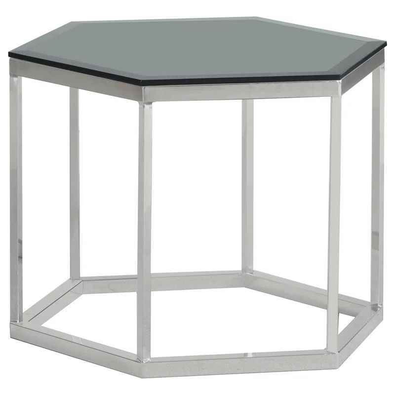 Contemporary Hexagonal Black and Silver Metal-Glass Accent Table